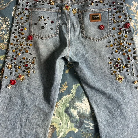 🤩 Dolce & Gabbana Crystal Roses Heart Embellished Jeans Authentic Sz 44 US 8/10 - Picture 11 of 16